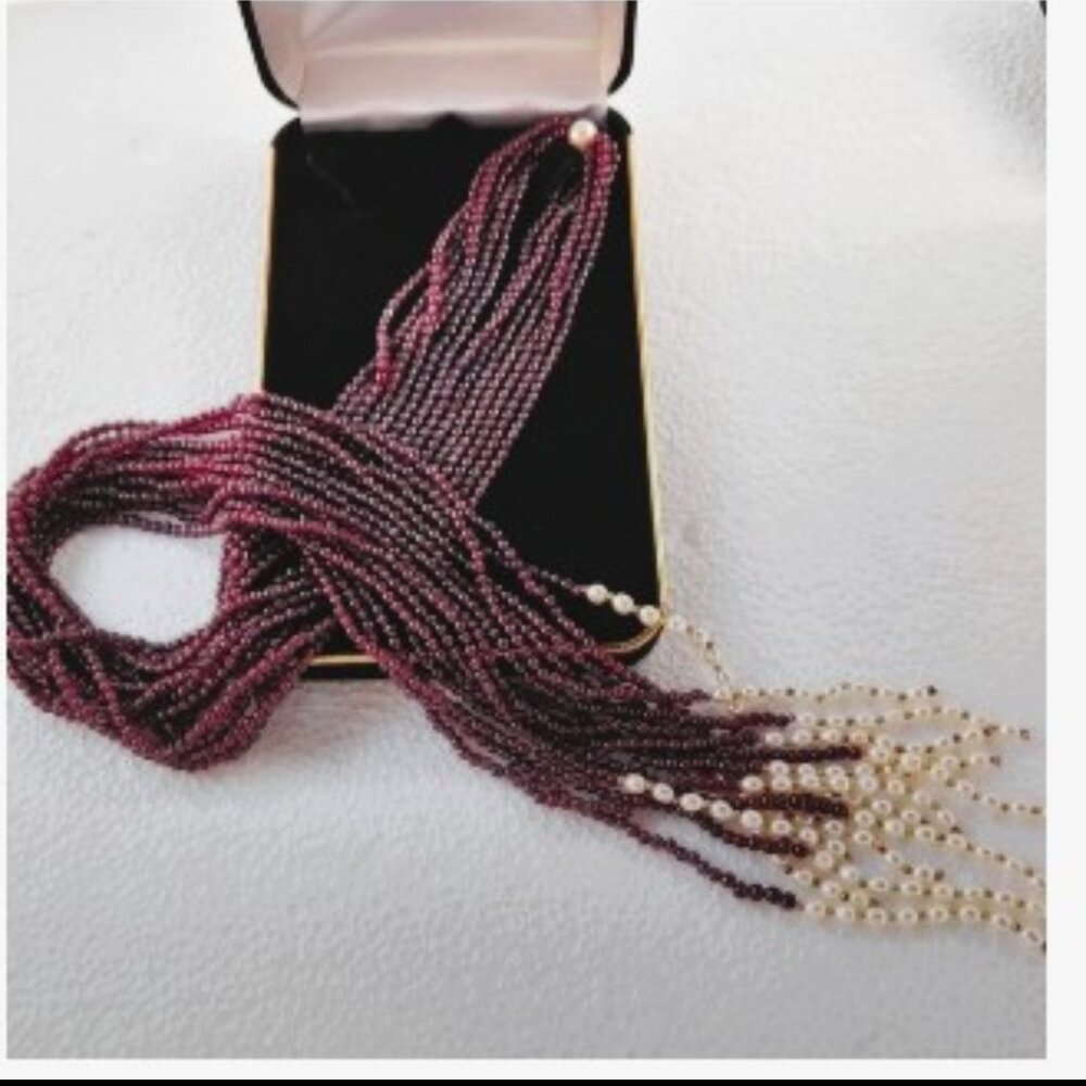Vintage 14K Gold 10-11 MM Pearl & Garnet Lariat 48" Beaded Necklace 1050ctw